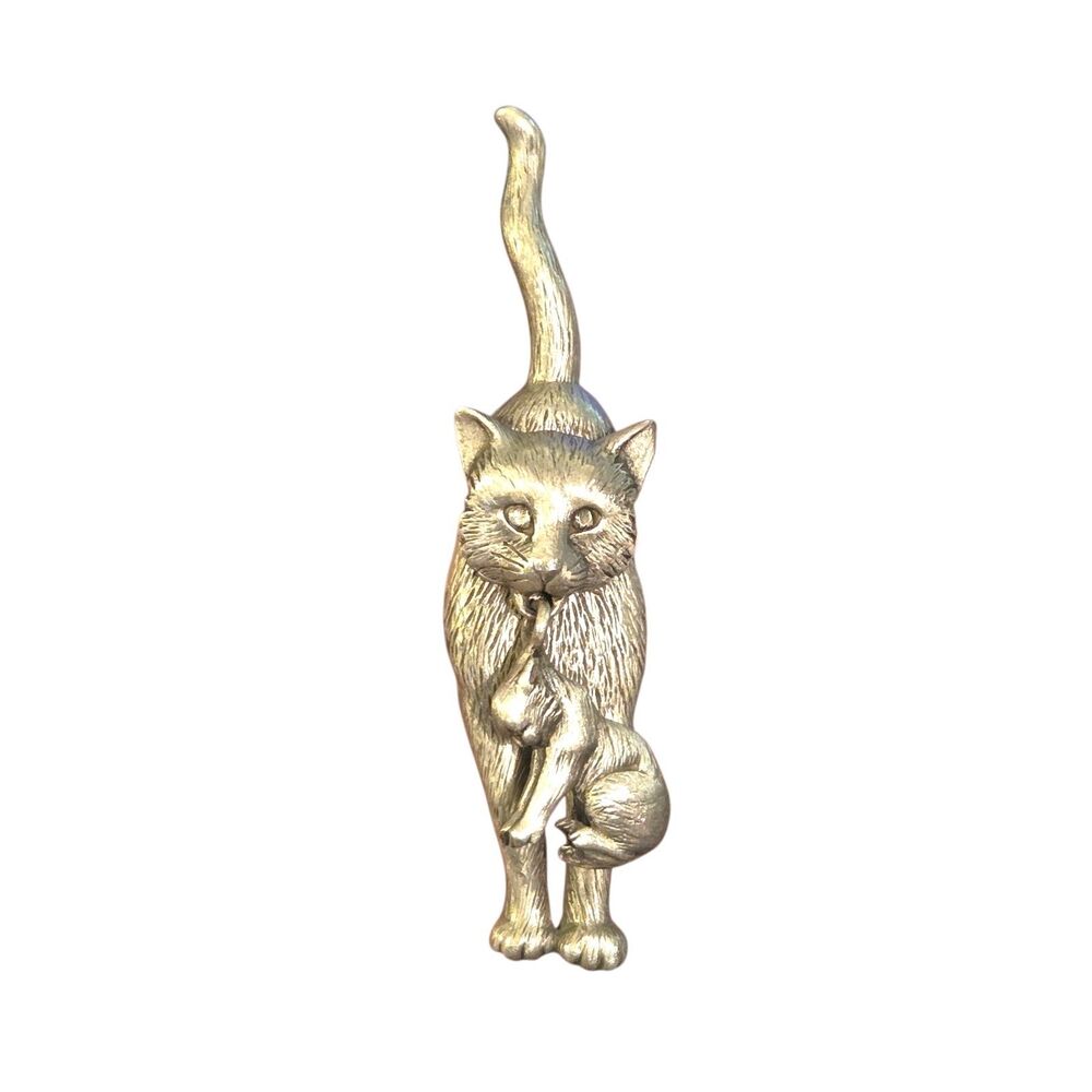 J.J. Jonette Jewelry Signed VTG Mama Cat W/ Moving Kitten Pewter Brooch 3"X0.75"